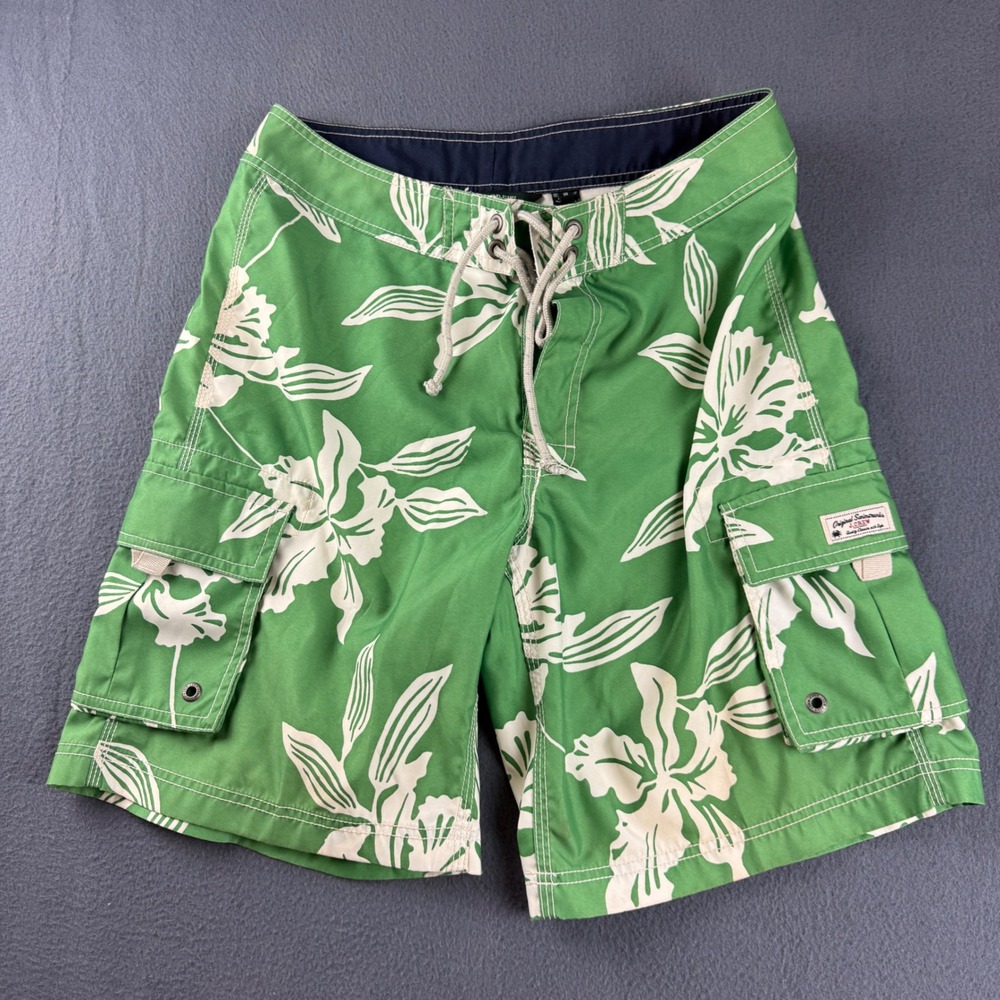 J Crew Swim Trunks Men's 30 Green Floral Hibiscus Cargo Board Shorts Vintage